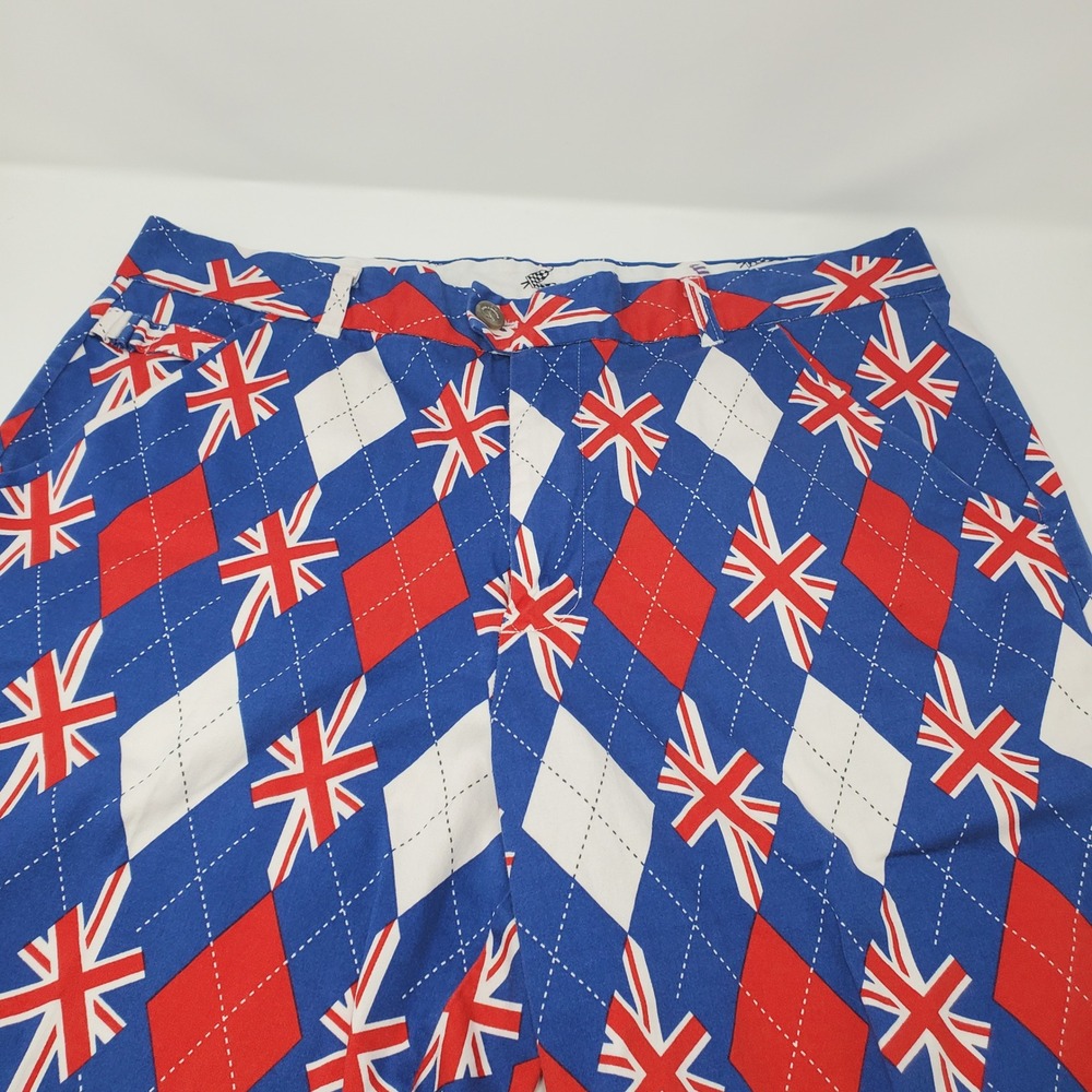 Royal & Awesome Shorts Mens 36 Union Jack Argyle Blue Red White Golf DEW8148
